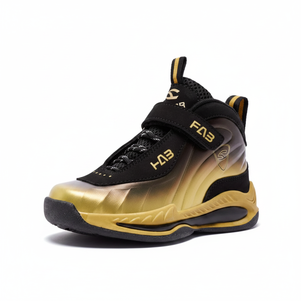 A pair of high-top sneakers in black and metallic gold gradient, featuring hook-and-loop strap closures and gold lettering on the side, set against a plain white background.