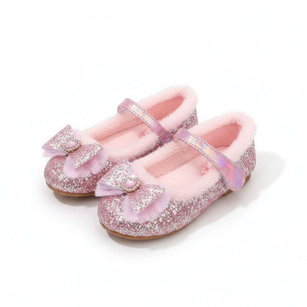 Girls Glitter Bow Plush Winter Flats