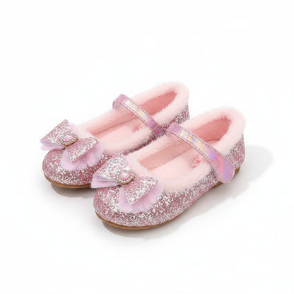 Girls Glitter Bow Plush Winter Flats