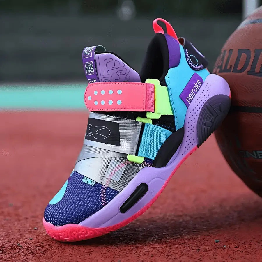 Purple Kids Basketball Shoes in action on court: Basketball Shoes in Action