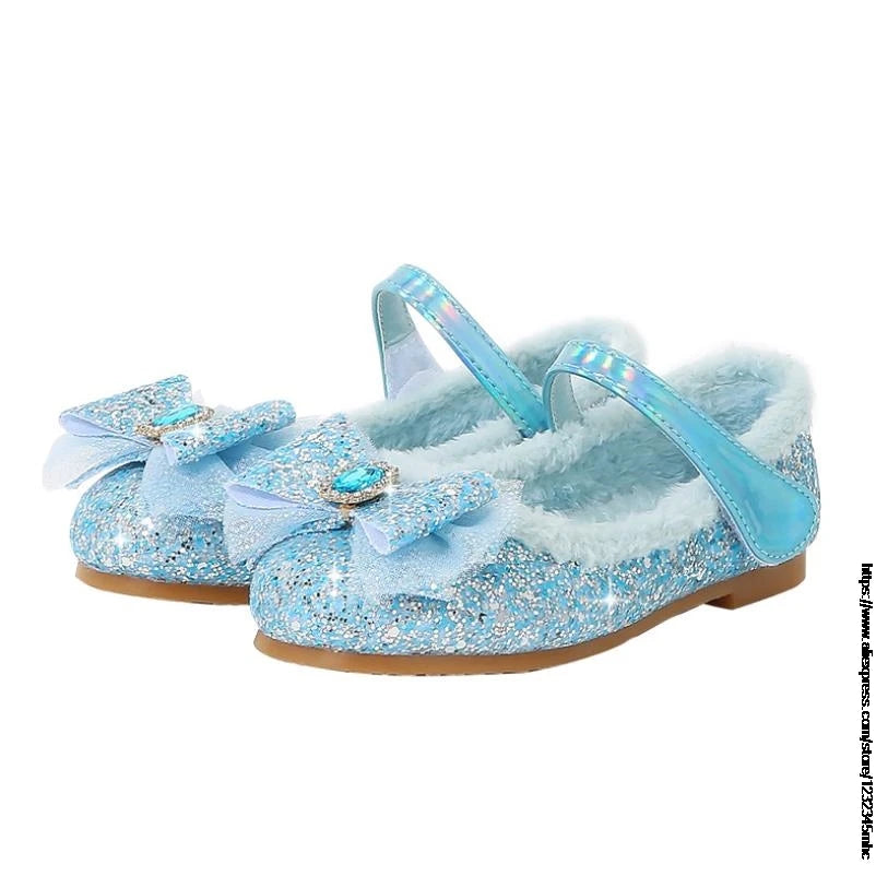 Girls Glitter Bow Plush Winter Flats