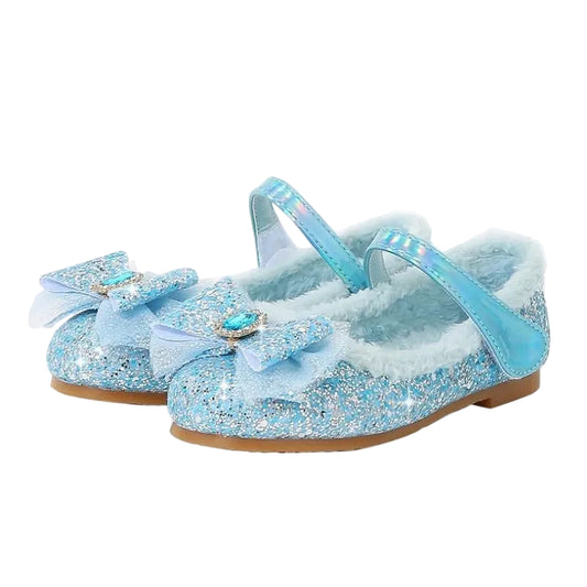 Girls glitter bow plush winter flats, front view showing full design