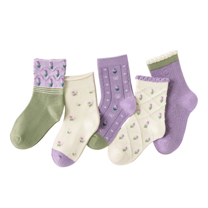 Purple Blossom Kids Cotton Socks 5 Pack