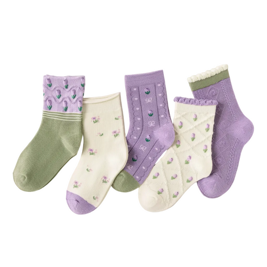 Purple Blossom Kids Cotton Socks 5 Pack