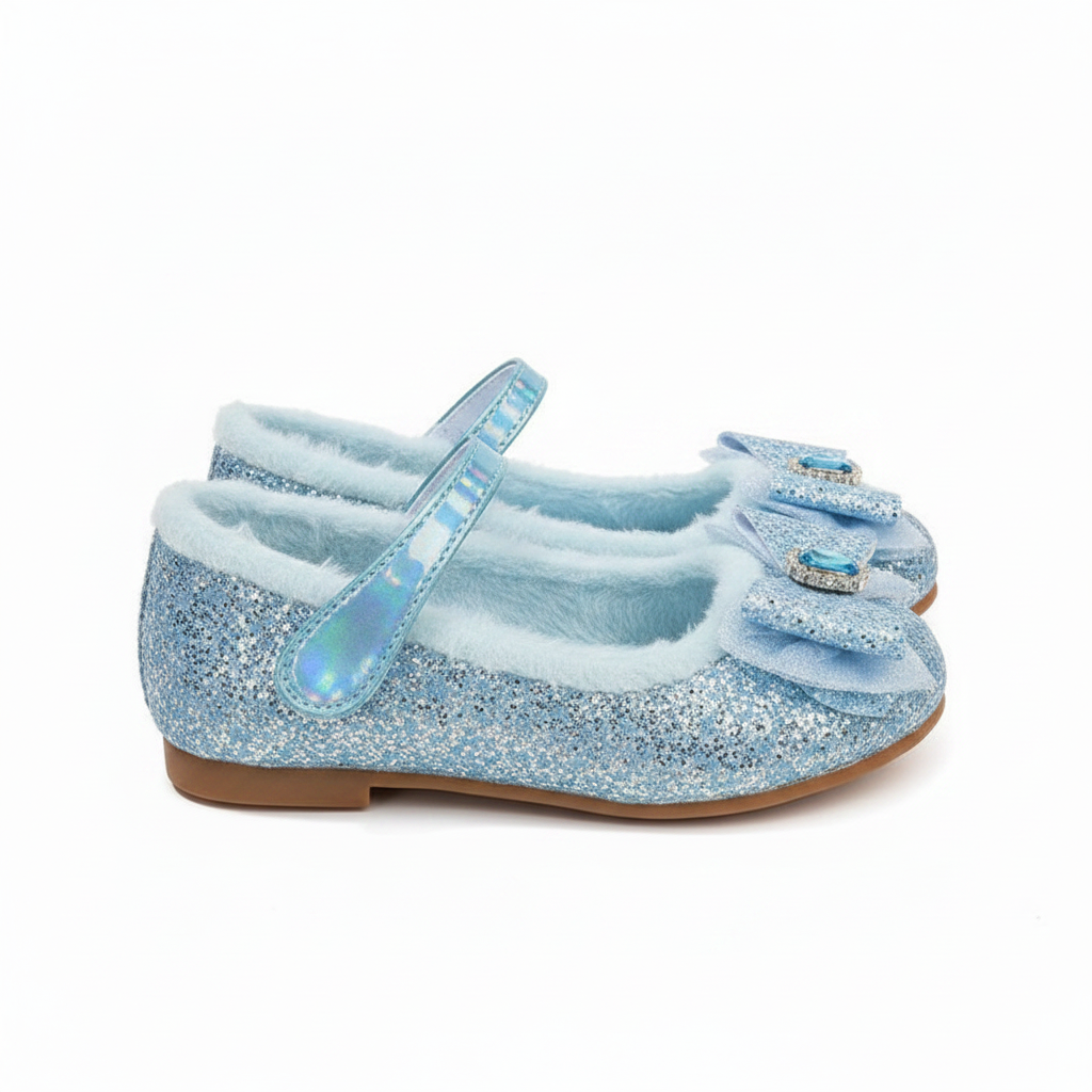 Girls Glitter Bow Plush Winter Flats