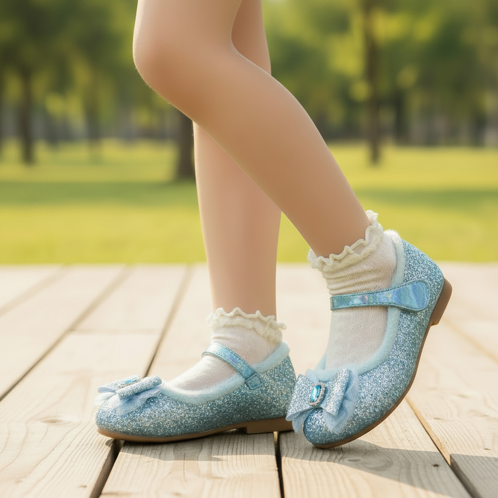 Girls Glitter Bow Plush Winter Flats