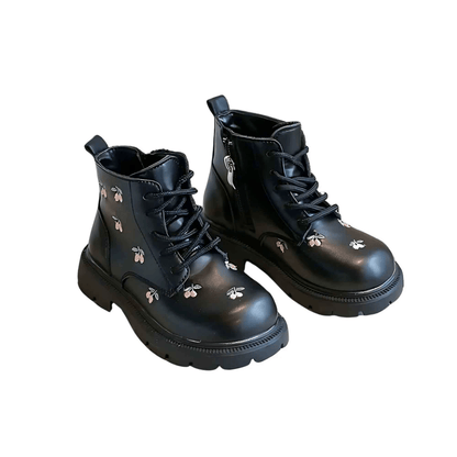 Black blossom kids winter boots for girls, side profile showing sole and upper detail