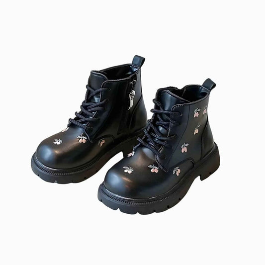Black blossom kids winter boots for girls, front view showing full design