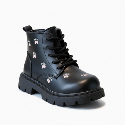 Black blossom kids winter boots for girls, close-up of design detail and material