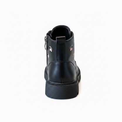 Black blossom kids winter boots for girls, angled view showing colour and shape