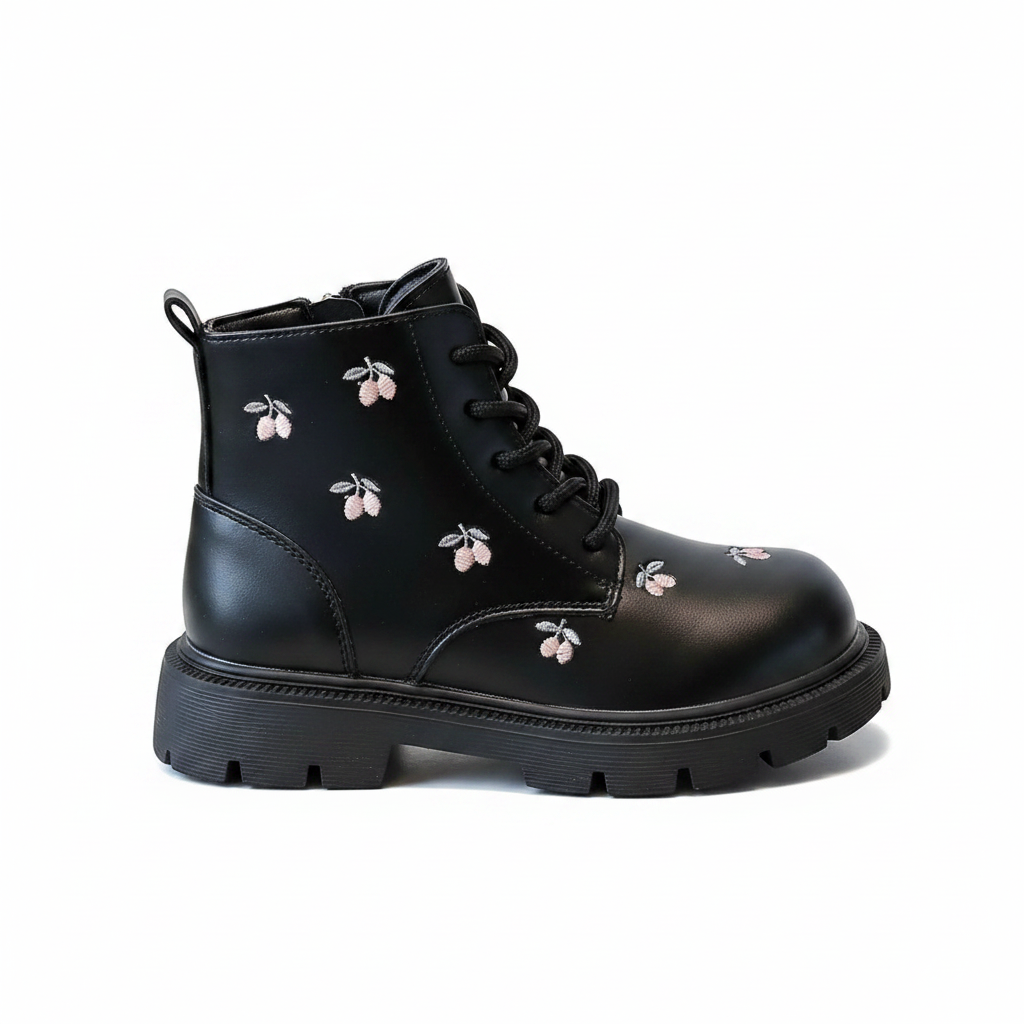Black blossom kids winter boots for girls, back view showing heel and ankle detail