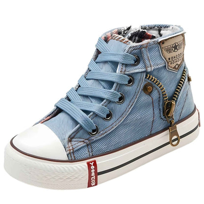 Denim Step kids high-top sneakers, front view showing full design