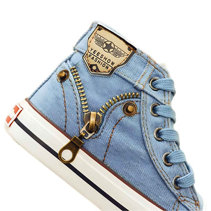 Denim Step kids high-top sneakers, angled view showing colour and shape