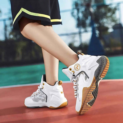 Gold Vibe court kids sneakers, angled view showing colour and shape