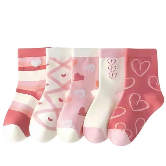 Heart-print cotton kids socks 5 pack, front view showing full design