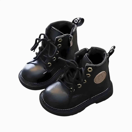 Black bear kids winter boots, front view showing full design
