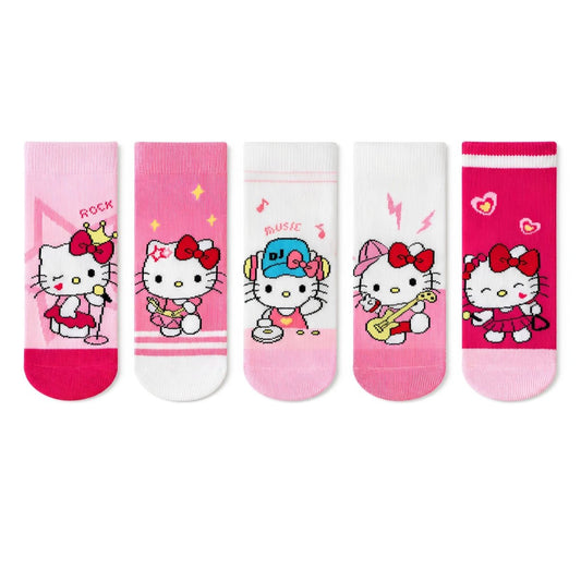 Hello Kitty kids mid-calf socks 5 pack, front view showing full design