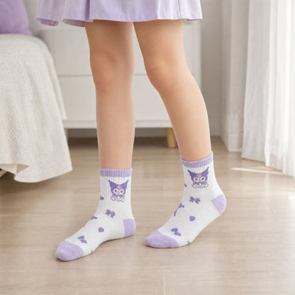 Kuromi kids cotton mid-calf socks 5 pack, close-up of design detail and material