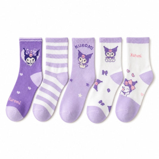 Kuromi kids cotton mid-calf socks 5 pack, front view showing full design