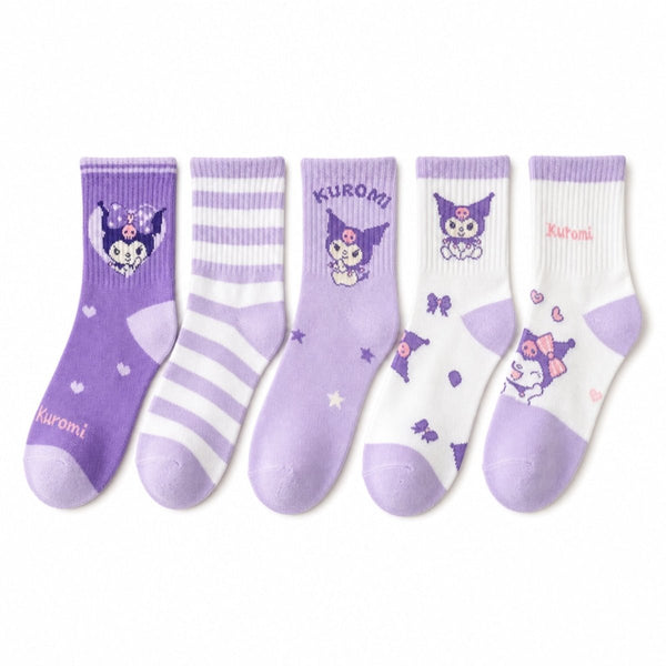 Kuromi kids cotton mid-calf socks 5 pack, front view showing full design