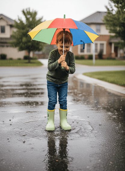 Dino waterproof kids rain boots, lifestyle view of the full shoe