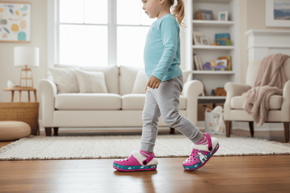 Unicorn warm kids clog slippers, angled view showing colour and shape