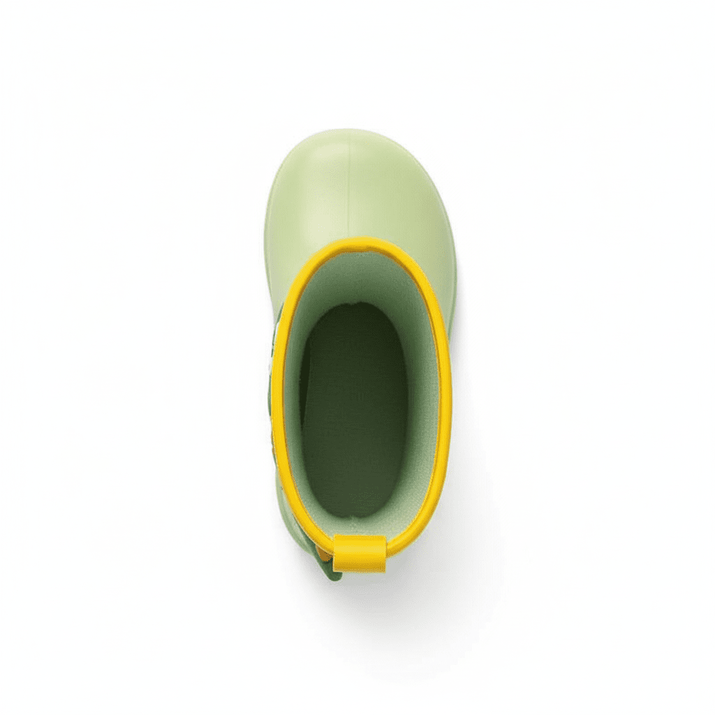 Dino waterproof kids rain boots, angled view showing colour and shape