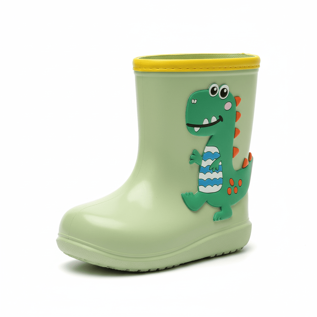 Dino waterproof kids rain boots, front view showing full design