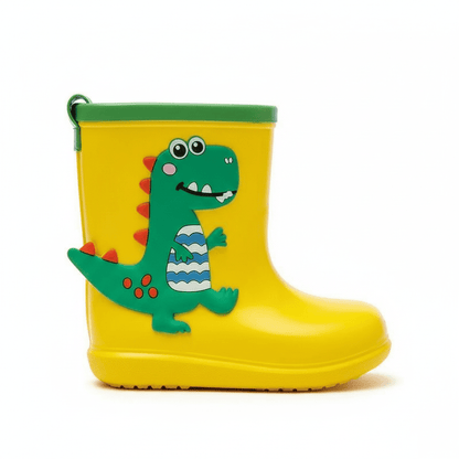 Dino waterproof kids rain boots, alternative angle showing texture and finish
