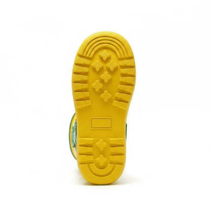 Dino waterproof kids rain boots, close-up of sole tread pattern