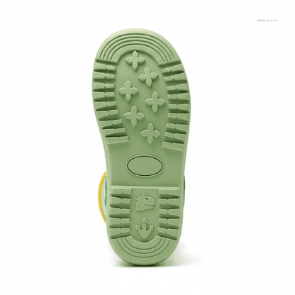 Dino waterproof kids rain boots, back view showing heel and ankle detail