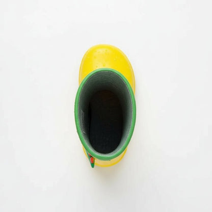 Dino waterproof kids rain boots, paired view showing both shoes together