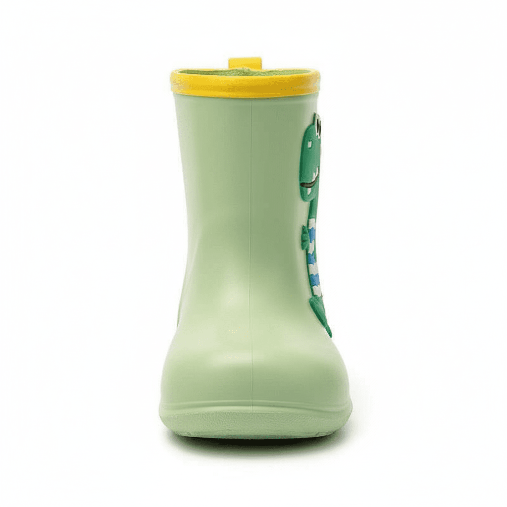 Dino waterproof kids rain boots, close-up of design detail and material