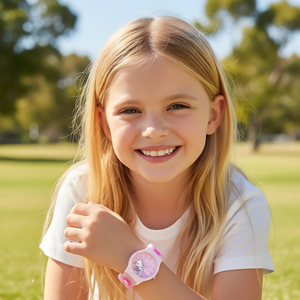 Hello Kitty kids watch, angled view showing colour and shape