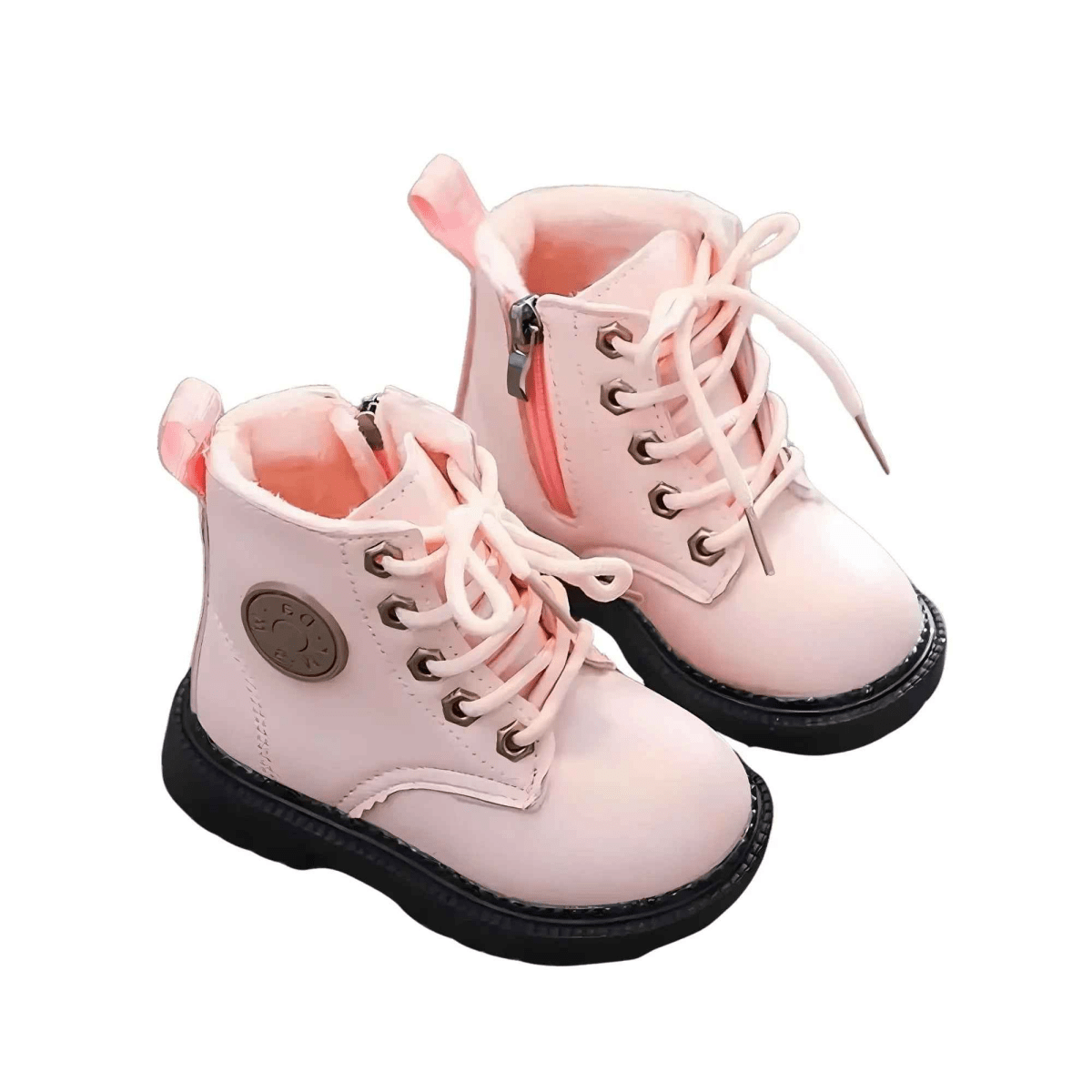 Pink plush kids winter boots, front view showing full design