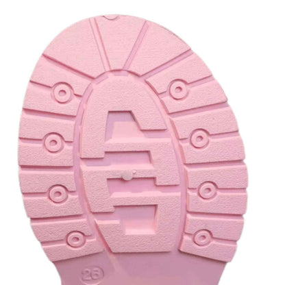 Waterproof pink princess kids winter boots, top-down view showing closure and fit