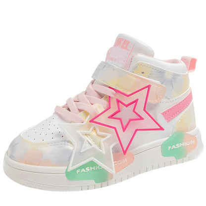 Pink Star kids high-top sneakers, front view showing full design