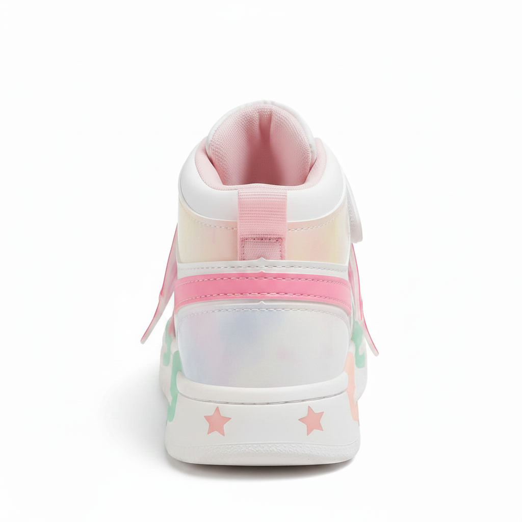 Pink Star kids high-top sneakers, angled view showing colour and shape