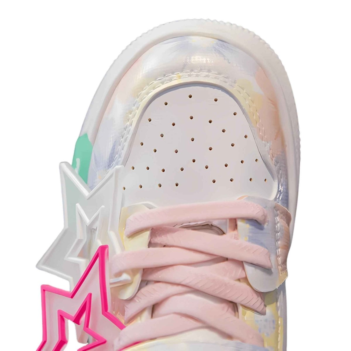 Pink Star kids high-top sneakers, close-up of design detail and material