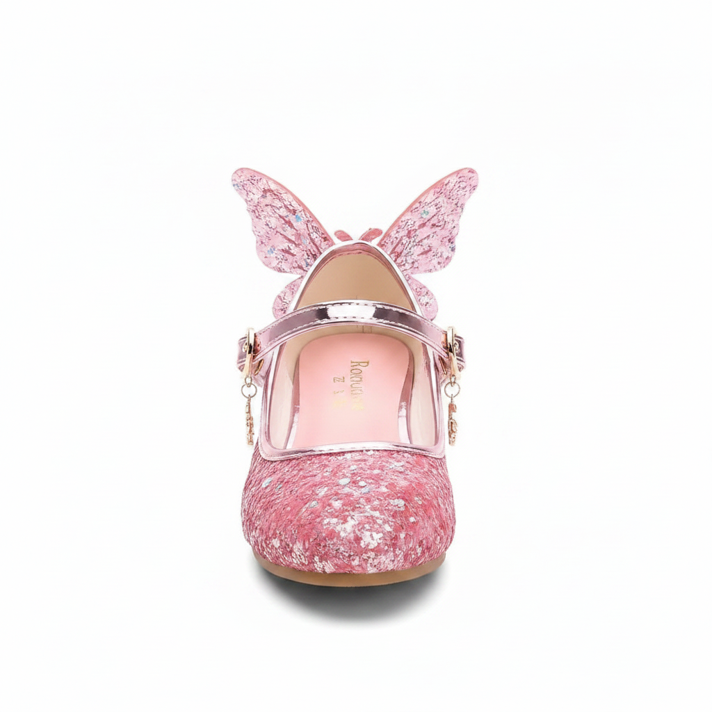Pink butterfly kids dress-up heels, back view showing heel and ankle detail