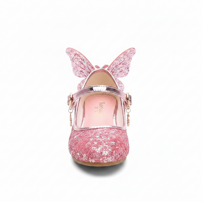 Pink butterfly kids dress-up heels, back view showing heel and ankle detail