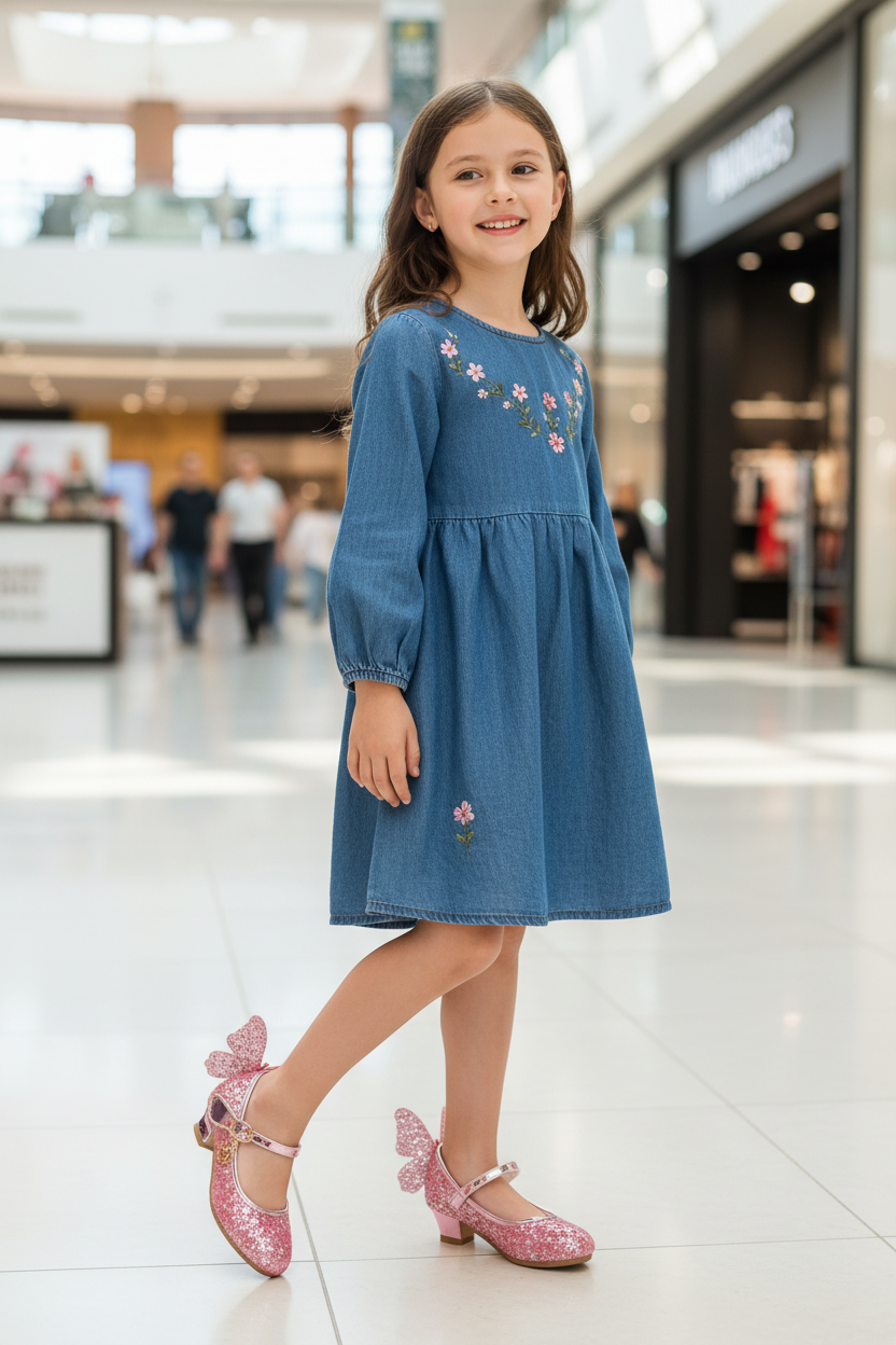 Pink butterfly kids dress-up heels, top-down view showing closure and fit