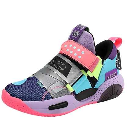 Purple Court Reign kids sneakers, front view showing full design