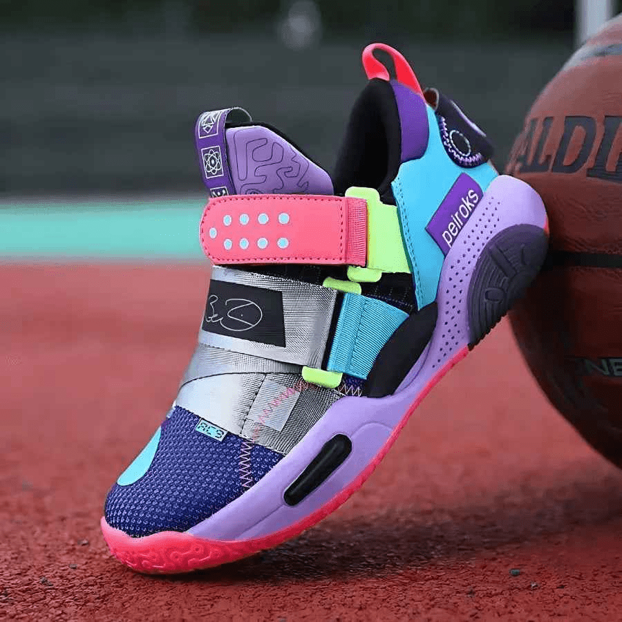 Purple Court Reign kids sneakers, back view showing heel and ankle detail