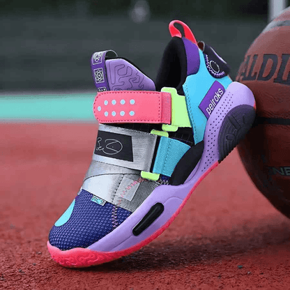 Purple Court Reign kids sneakers, back view showing heel and ankle detail
