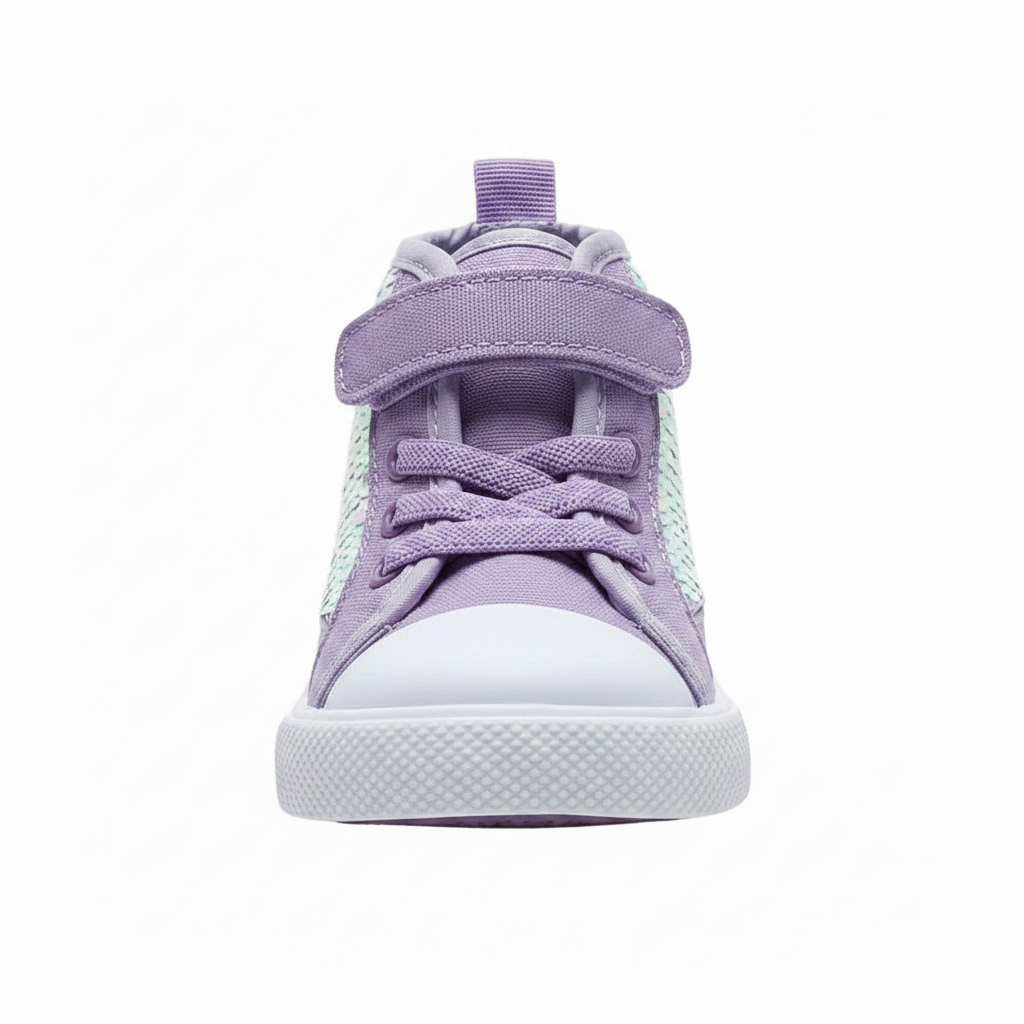 A high-top baby sneaker in lavender purple canvas with a white rubber toe cap and sole, featuring a large iridescent sequin panel on the side and a hook-and-loop strap closure.