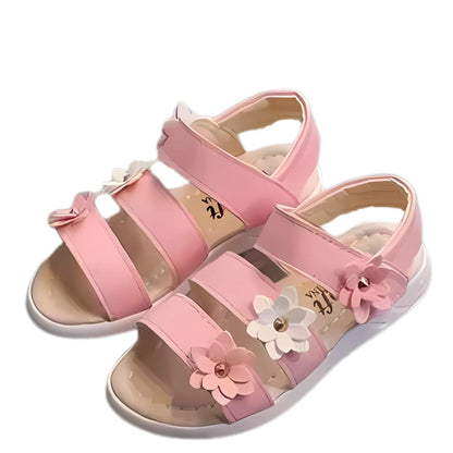 Summer floral kids sandals for girls, side profile showing sole and upper detail