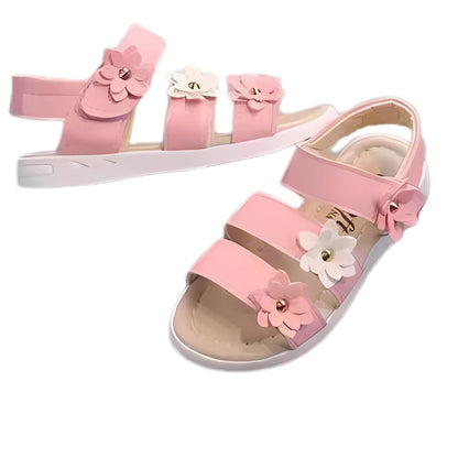 Summer floral kids sandals for girls, close-up of design detail and material
