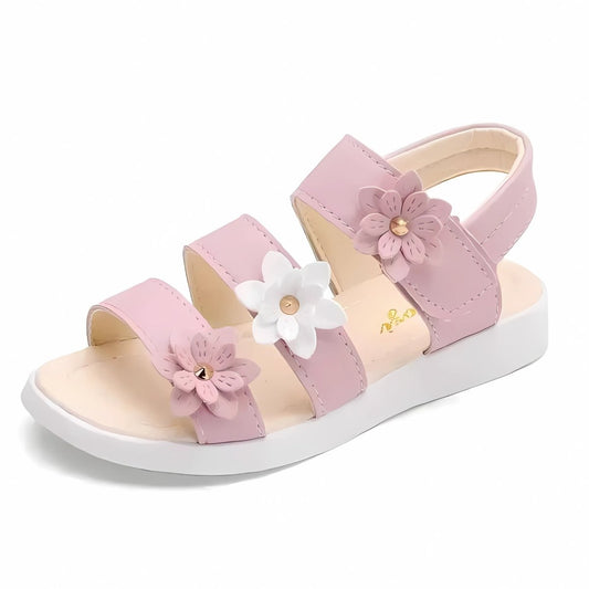 Summer floral kids sandals for girls, front view showing full design