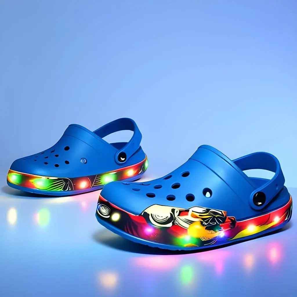 Turbo LED kids clogs, close-up of design detail and material